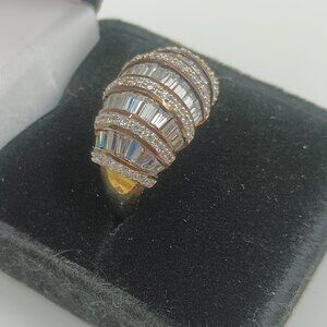 Gold Tone Domed Statement Ring with Baguette and round cut CZs.